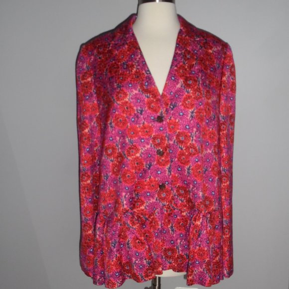 $2190 Lela Rose Wave Flounce Peplum Floral Pink Blazer Button Jacket Light Coat - Picture 9 of 12